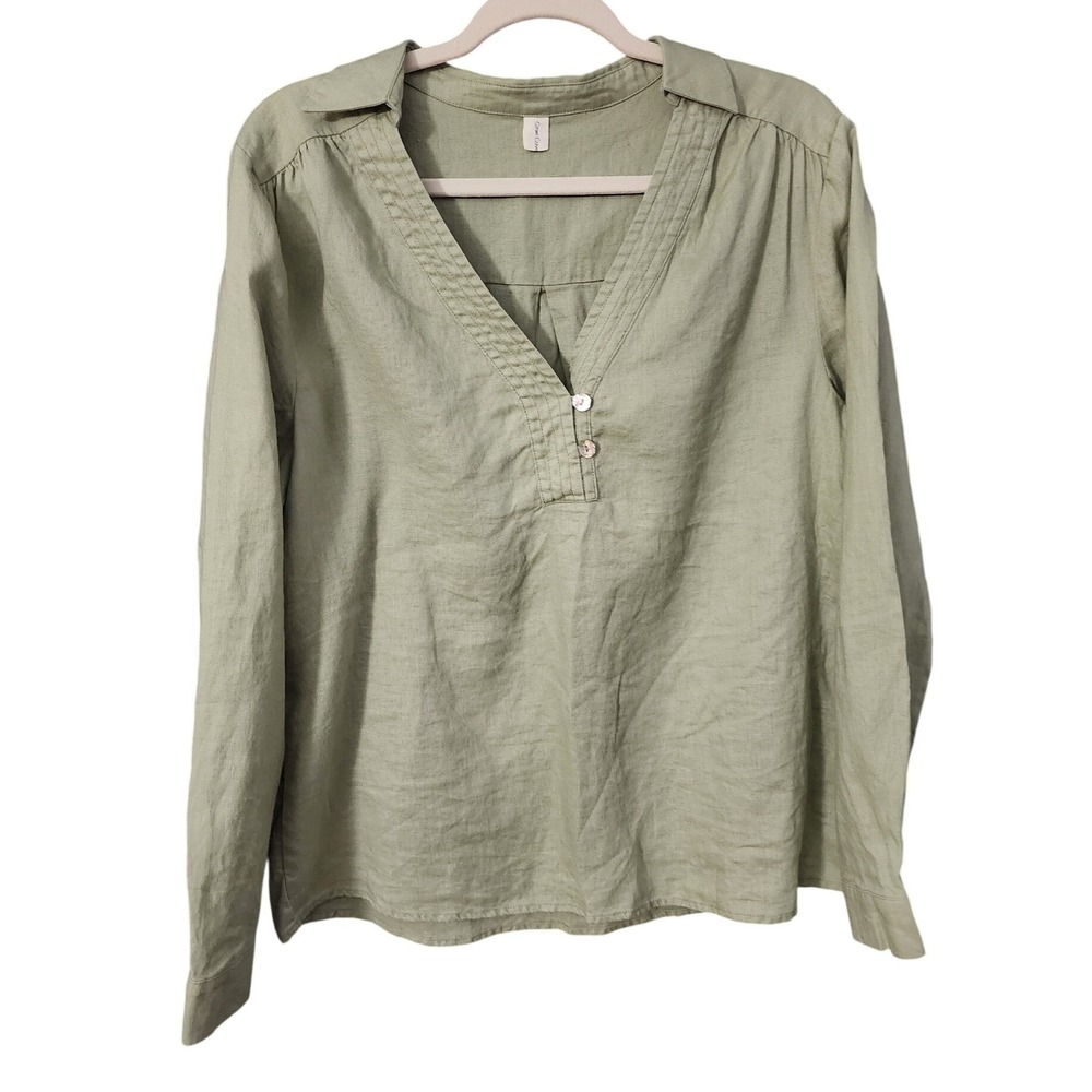 Grae Cove Women's Linen Blouse Sage‎ Green V-Neck Long, M Sleeve